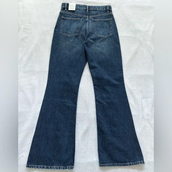 ZARA High Rise Full Length Flare Blue Jeans--6 - Picture 5 of 14